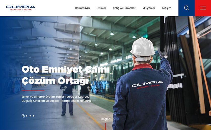 Olimpia Oto Cam web sitesi projesini anlatan liste görseli, Olimpia'nın fabrikasına ait dıştan ve drone ile çekilmiş görüntüsü bulunmaktadır.